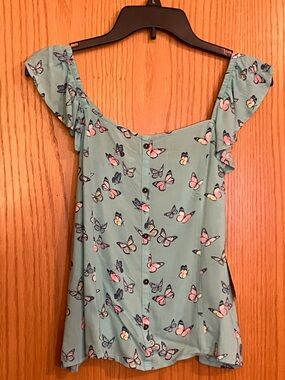 Girl’s Size XL 14/16 Aqua Blouse with Butterfly Print